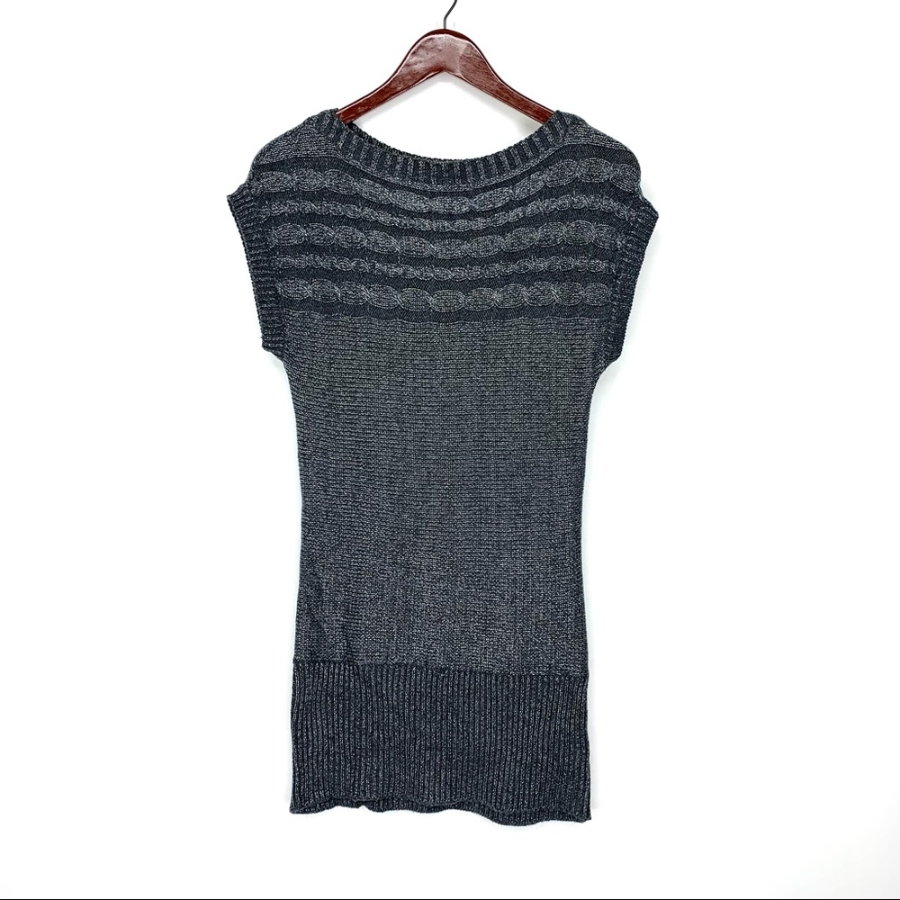 Vintage Short Sleeve Cable Knit Gray & Silver Metallic Crewneck Sweater Dress